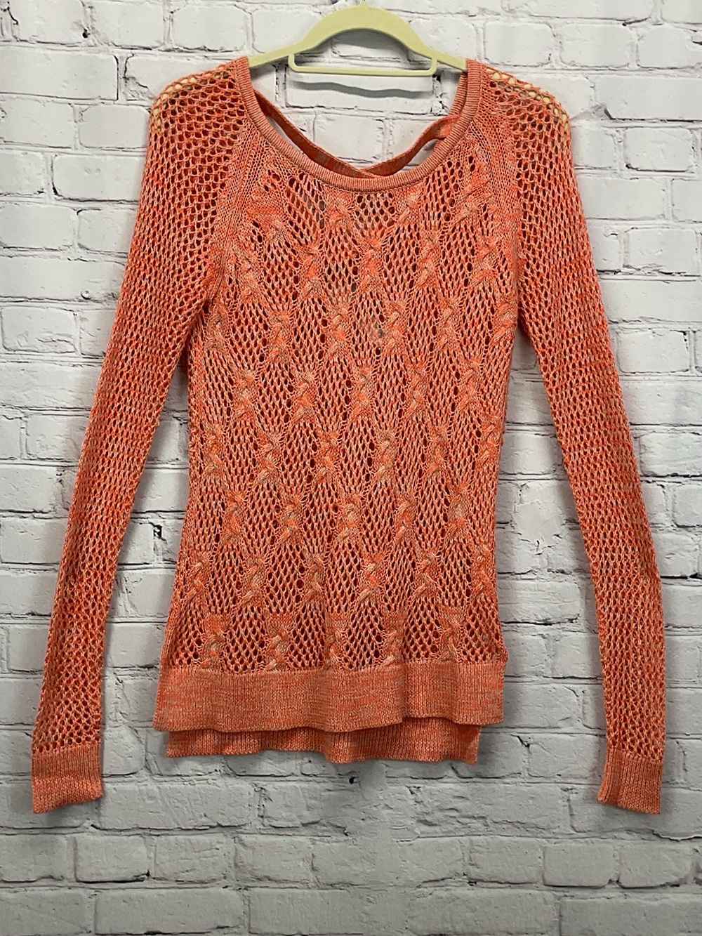 Vanity Sweater Women's Size S Orange/White Open Knit Layering Back Accent Straps